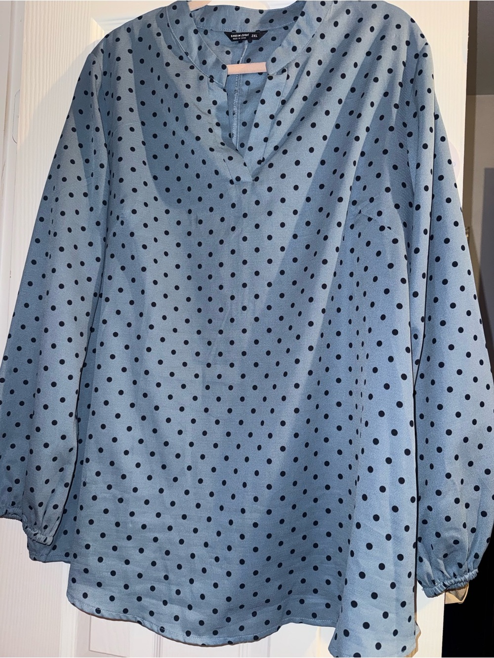 SHEIN Light Blue Blouse with Navy Polka Dots